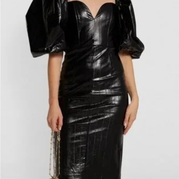 Rotate Birger Christensen Irina Faux Leather Knee Length Dress Puff Sleeves Sz 6 - Picture 7 of 12